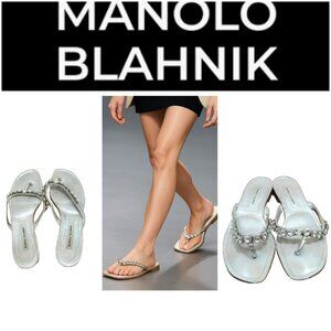 Manolo Blahnik Silver Crystal Thong Sandals Size 39.5 / 9.5 Designer Slide Shoes